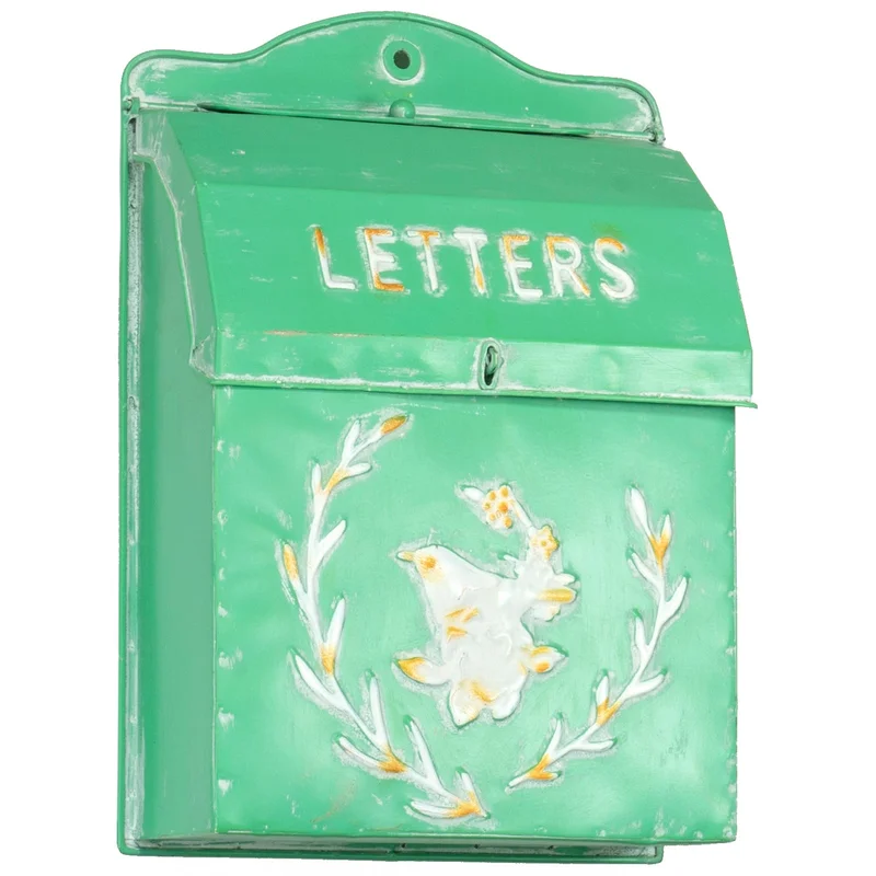 Red Co. 10.5 x 15 Farmhouse Letters Embossed Metal Wall-Mount Mailbox, Distressed Mint Green