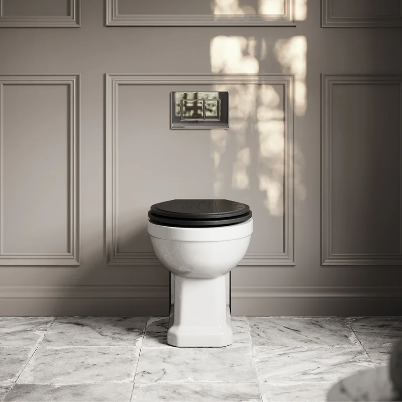 Portland Back To Wall Traditional Toilet With Solid Oak Matte Black Seat with Concealed Cistern and Chrome Flush Plate