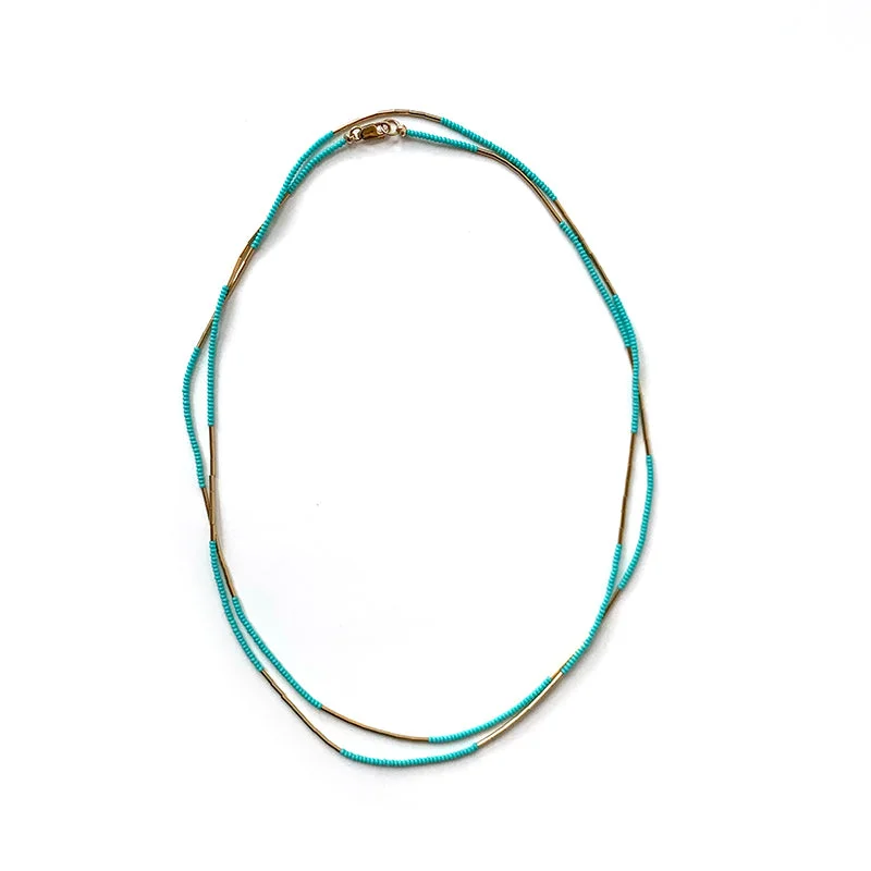 33" Seed Bead Necklace - Turquoise + Gold Tube